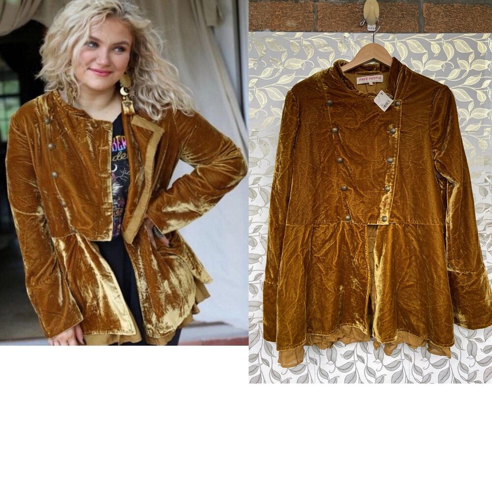 Free People Crushed Velvet Button Up Peplum Tunic Jacket XL Boho Vintage